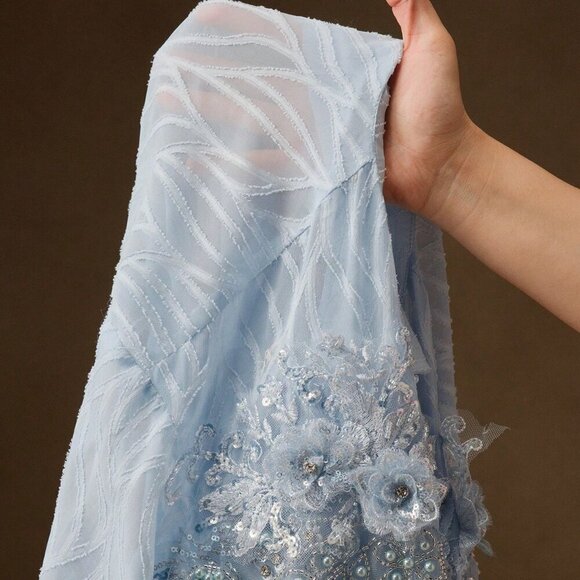 Baby Blue Elegant Women's Embellished Floral Semi-Sheer Long Sleeve Blouse - Picture 7 of 7